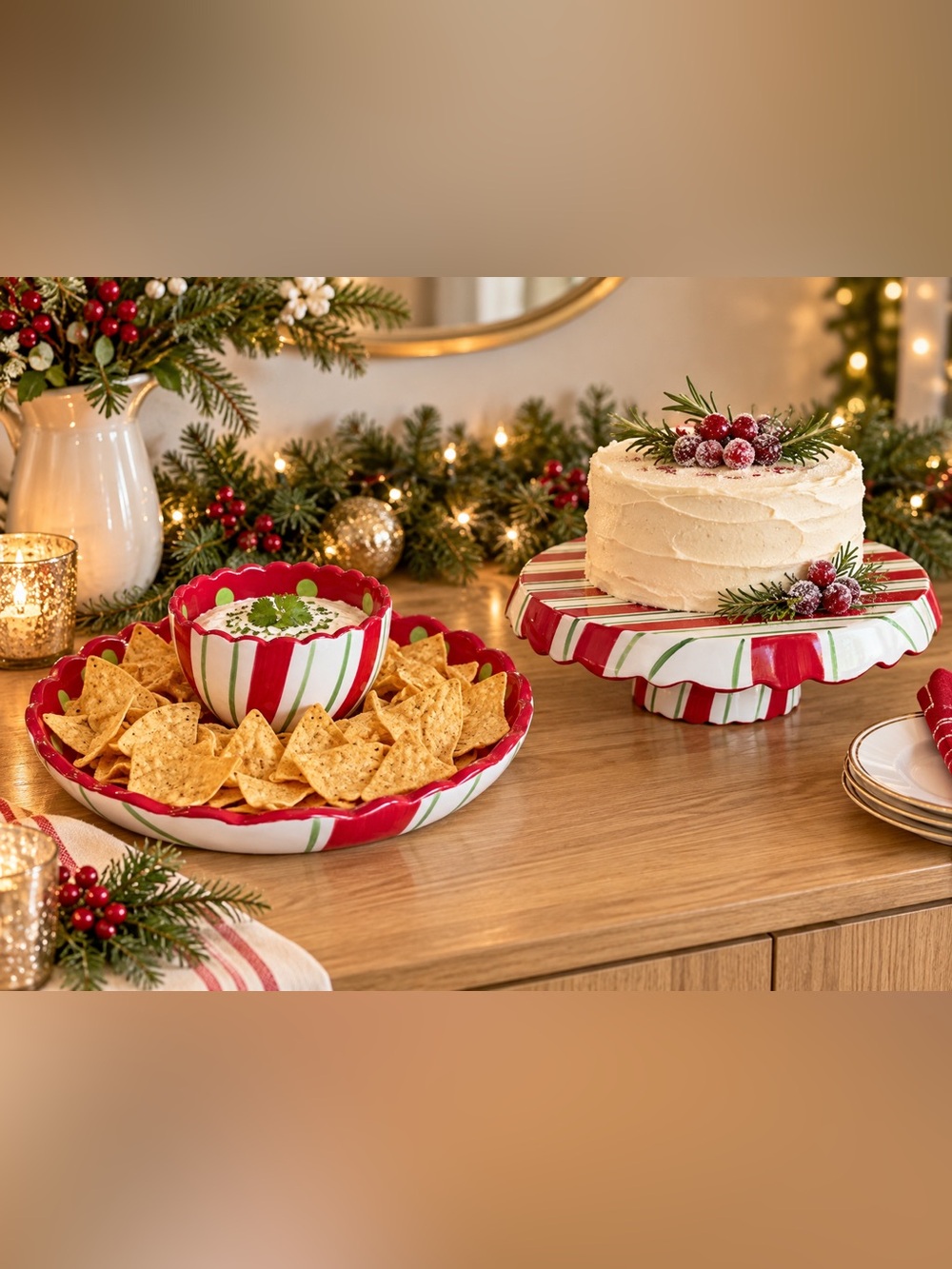 Festive 2 in 1 Holiday Reversible Ceramic Chip and Dip/ and or Cake Stand 11.5”